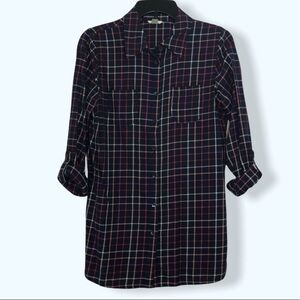 Fossil Plaid Tab-Sleeve Button Down Top Sz Sm